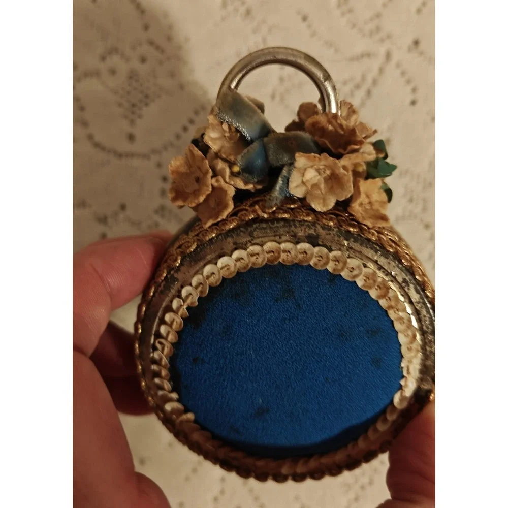 Vintage Blue  Pincushion With Gold Trim & Flowers